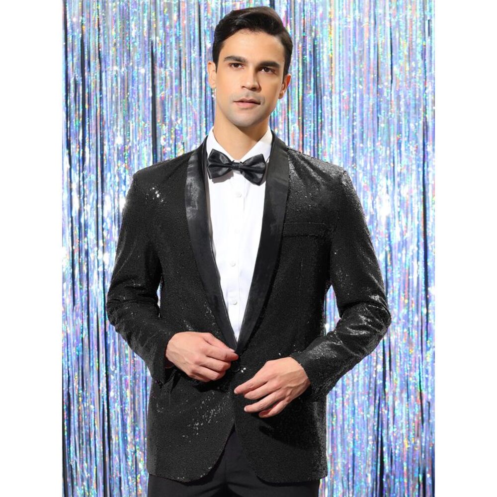 Sequin Sport Coats Shawl Lapel One Button Wedding Shiny Blazer Black - Picture 2 of 6